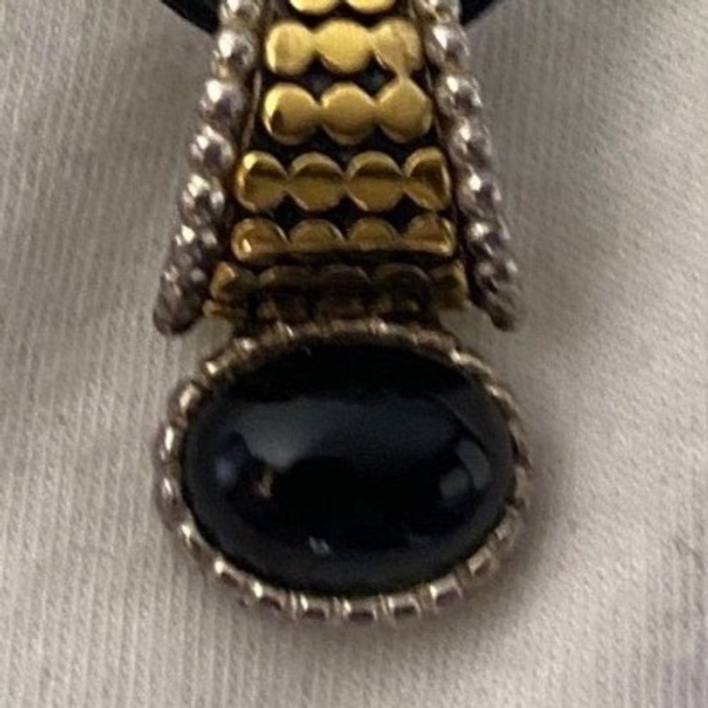 Gold Tone Black Cabochon Pendant Necklace Leather Cord
